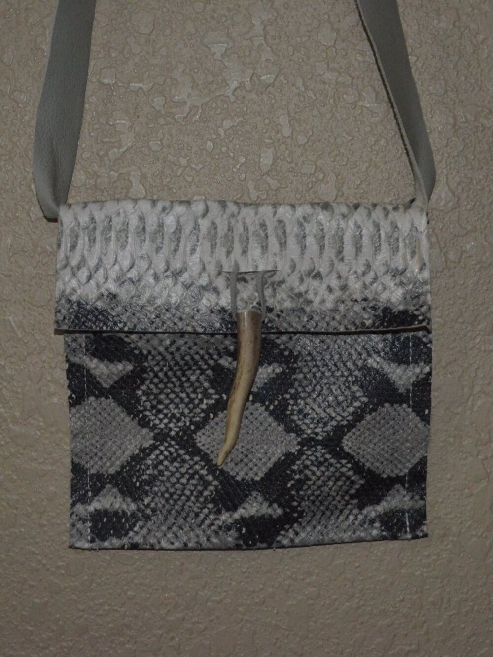 Gray White Handmade Python Crossbody Handbag w/ Antler Toggle Closure